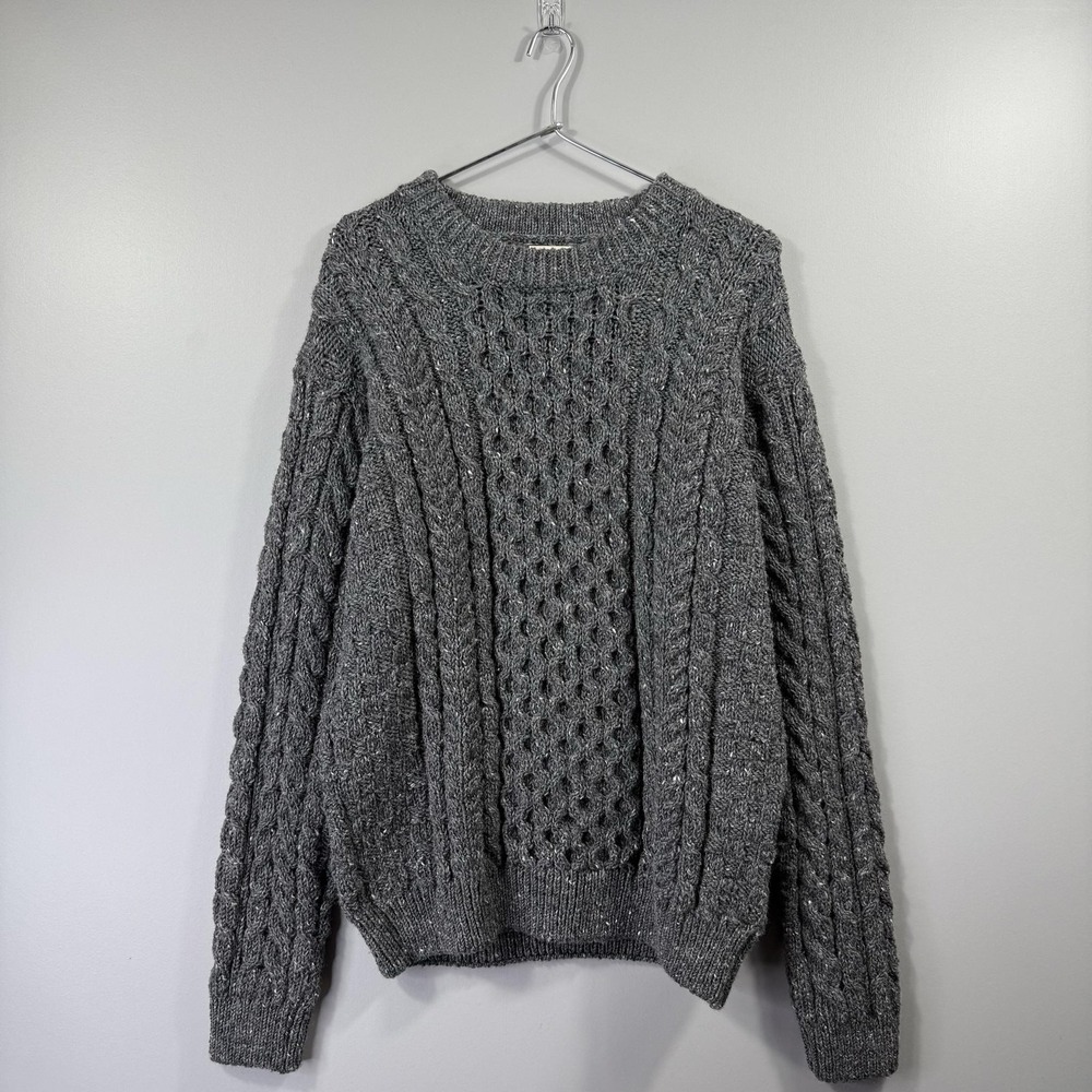 L.L.Bean Sweater Mens Medium Gray Wool Fisherman Cable Knit Pullover Ireland